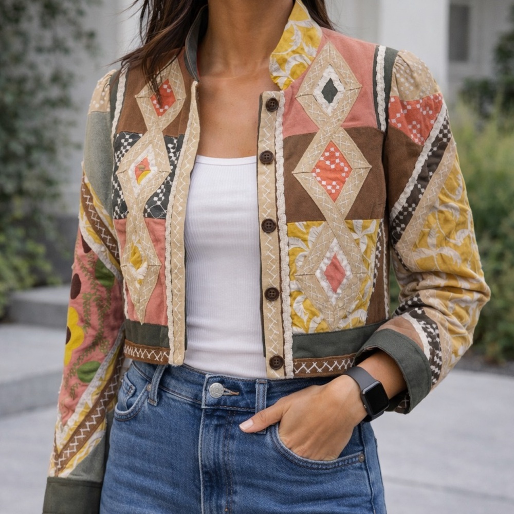 Nanette Lepore Embroidered Patchwork Cropped Jacket Boho Size 2 XS/S - Picture 2 of 6